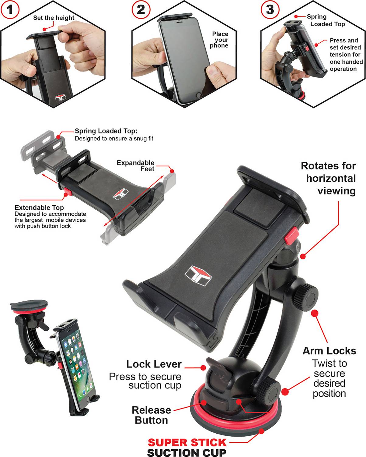 Adjustable Car Vent Phone Mount, with Expandable Spring-Loaded